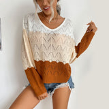 Women Knitted Sweater Autumn Breathable Hollow-out Spliced Long Sleeve round Neck Knitted Sweater