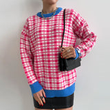 Ladies Leisure Knitwear Plaid Crew Neck Sweater Long Sleeve Top Plaid Sweater