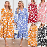 Women Date Dress Floral Dress Autumn and Winter V-neck A- line Skirt