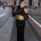 Women Dresses Winter Sexy Cutout Slim Fit round Neck Long Sleeves Dress