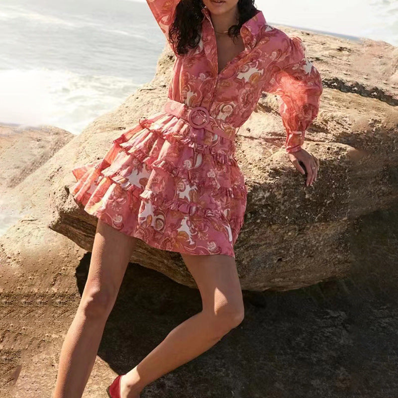 Women Dresses Spring Retro Lapels Single Row Dress Short Skirt (Qymy0409)
