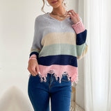 Women Knitted Sweater Autumn and Winter Leisure Long Sleeve Shabby Knit Bottoming V-neck