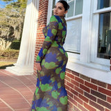 Women Dresses Summer Sexy Mesh Floral Print Slim Fit Long Sleeve Dress