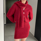 Women Knitted Two-Piece Set Cardigan Skirt Scarf Three-Piece Set Button Knitted Sweater Casual Suit 1t8852