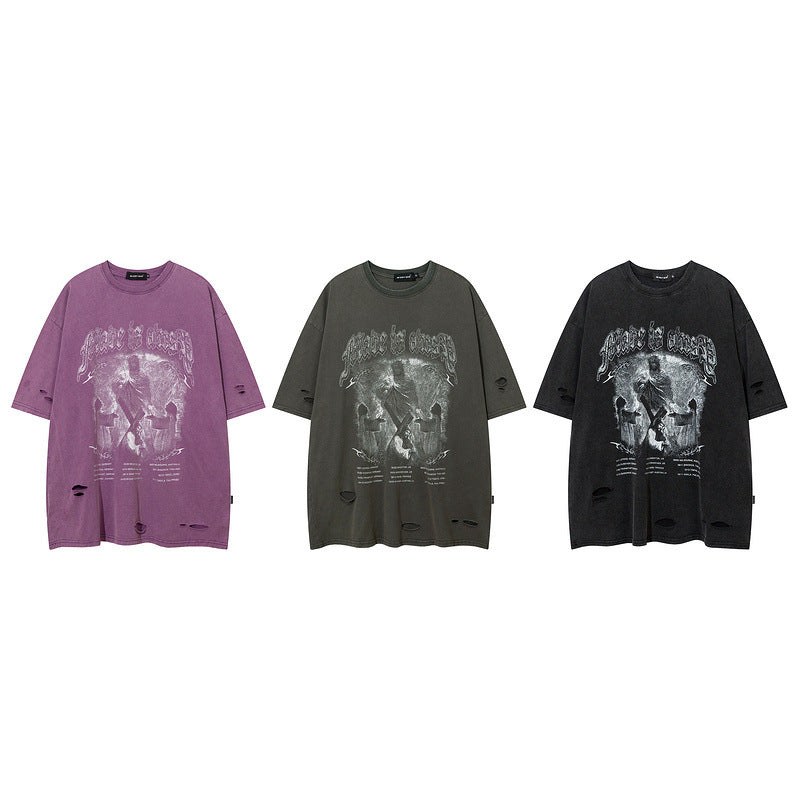 Men T Shirt Angel Wash Hole Short Sleeve T-shirt
