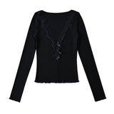 Women Tops Summer Lace V-neck Top Bow Slim T-shirt