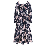 Women Date Dress Autumn Winter Sexy Long Sleeve V-neck Lantern Sleeve Backless Floral Long Tie Dress