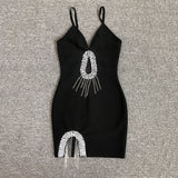 Women Evening Dress Sexy Sling Tassel V-neck Hollow Party Bandage Dress