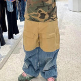 MIJKO Men's Vintage Pants MIJKO Men's Women's Spliced Denim Wide-Leg Overalls Bag Casual Pants