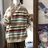 Women Knitwear Autumn and Winter Color Striped Lapel Sweater Loose Knitted Cardigan