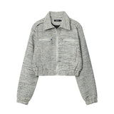 Women Jacket Striped Color Contrast Short Jacket Lapel Zip Long Sleeve Coat