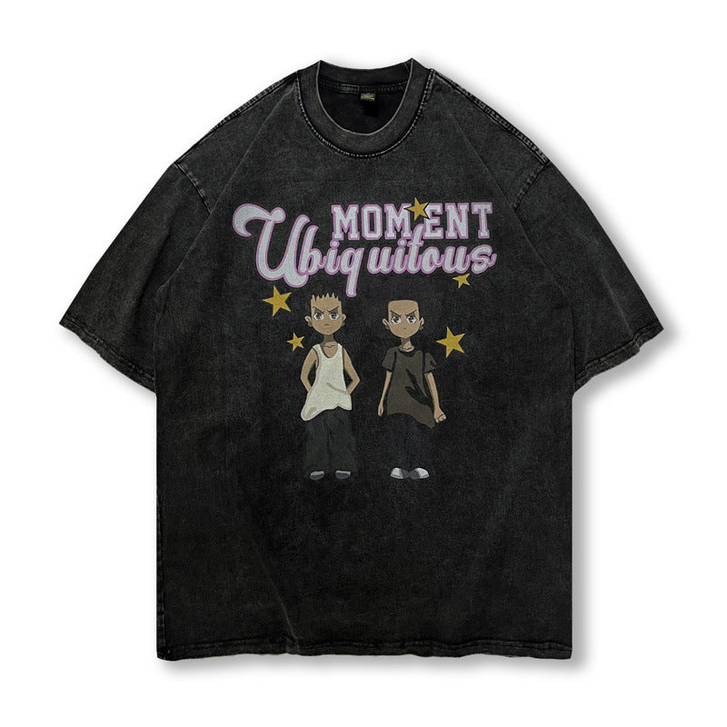 Men T Shirt Vintage Cartoon Print Distressed Half Sleeve T-shirt