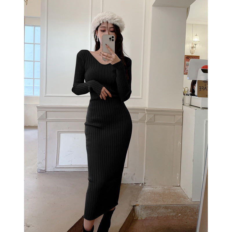 Women Maxi Dress Autumn and Winter V-neck off-the-Shoulder Long Knitted Dress