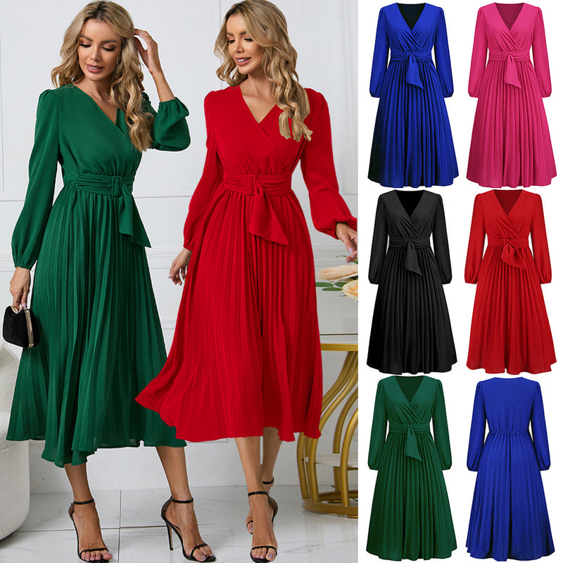 Women Date Dress Sexy V-neck Bubble Lantern Sleeve Pleated Skirt