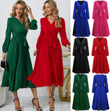 Women Date Dress Sexy V-neck Bubble Lantern Sleeve Pleated Skirt
