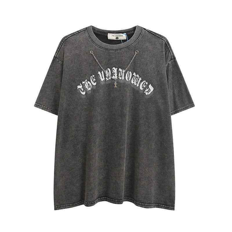 Men T Shirt Hip Hop Worn Looking Washed-out Letter Short Sleeve T-shirt