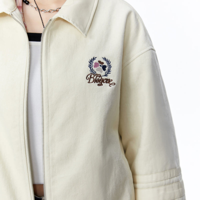 Women Jacket Embroidered Casual Coat Spring and Autumn Lapel Loose Zip Jacket