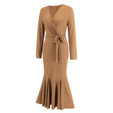 Women Date Dress Knitted Long Sleeve V-neck Lace-up Fishtail Skirt