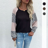 Women Knitted Sweater Autumn Long Sleeve Waffle Top Stitching Leopard Print