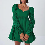 Women Dress Green Satin Waist Princess Dress Women Elegant Puff Sleeve Dress
