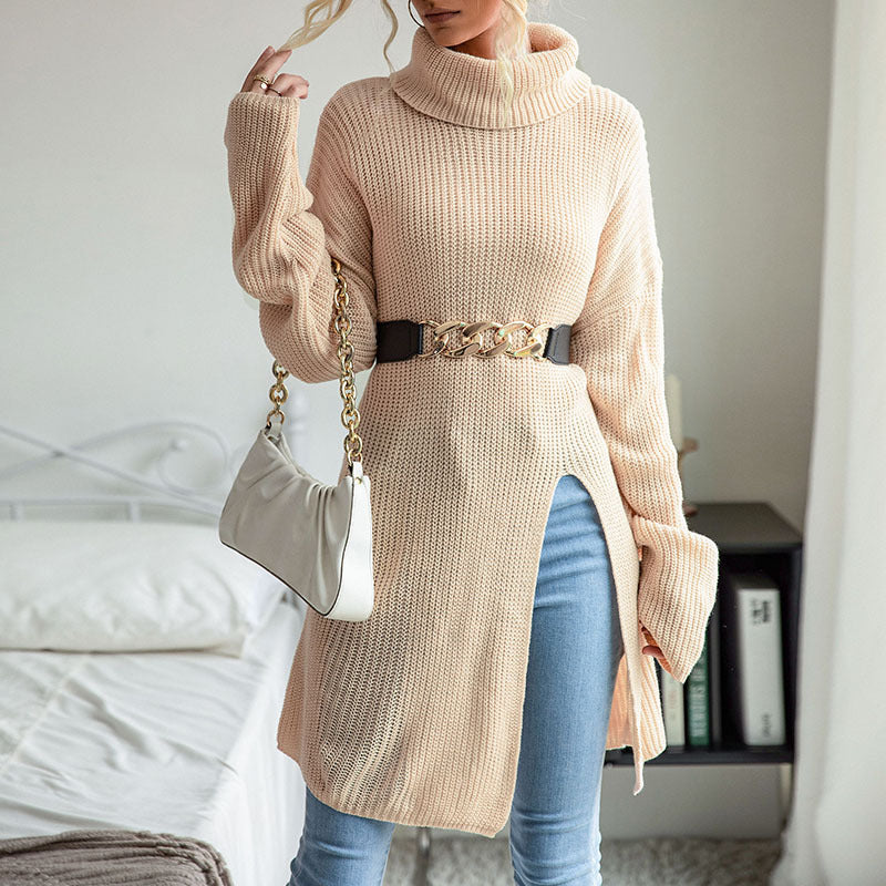 Women Knitted Sweater Fall/Winter Split Long Sleeve High Collar Sweater Dress