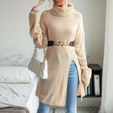 Women Knitted Sweater Fall/Winter Split Long Sleeve High Collar Sweater Dress
