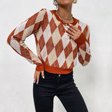Women Knitted Sweater Autumn and Winter Long Sleeve Short Rhombus Sweater
