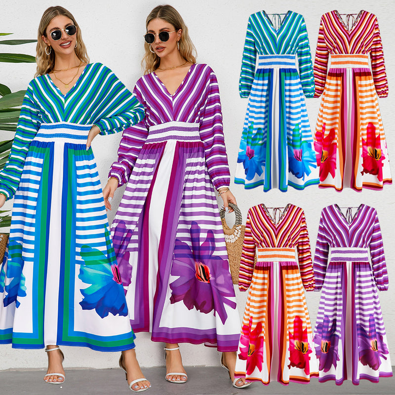 Women Date Dress V-neck Striped Print Dress