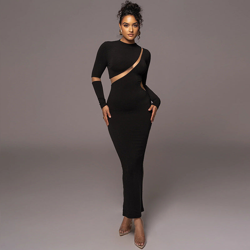 Women Dresses Winter Sexy Cutout Back Slit Long Sleeve Dress