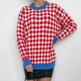 Ladies Leisure Knitwear Plaid Crew Neck Sweater Long Sleeve Top Plaid Sweater