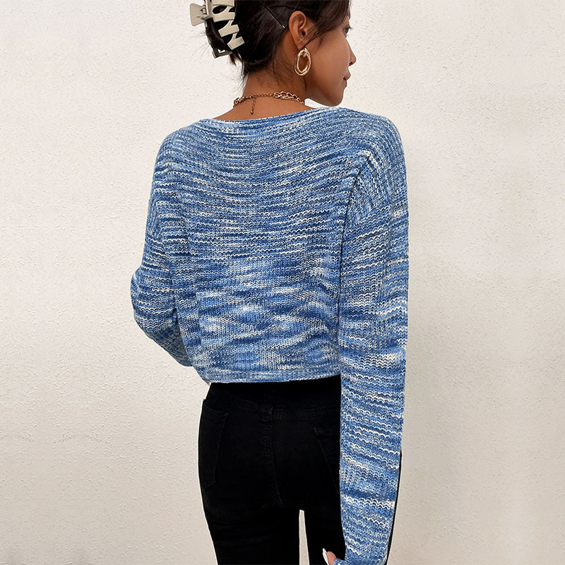 Women Knitted Sweater Short Autumn and Winter Blue Long Sleeved V-neck Sweater