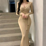 Women Dresses V-neck Cross Lace-up Dress