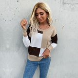 Women Knitted Sweater Autumn round Neck Stitching Long Sleeve Knitted Sweater