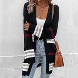 Women Knitted Sweater Autumn and Winter Long Sleeve Color Matching Long Sweater Cardigan Coat