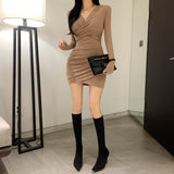 Women Dresses  卡其色褶皱V领连衣裙秋冬包臀长袖短裙