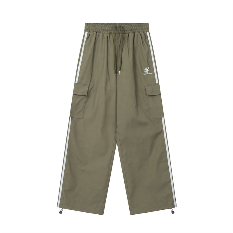 Men Sweatpants Multi-Pocket Workwear Sports Casual Pants Boys Loose Side Patchwork Stripes Straight-Leg Trousers