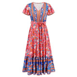 Women Date Dress Summer V-neck Ruffle Vintage Floral Beach Dress