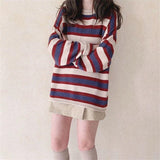 Women Knitted Pullover Autumn Vintage Stripe Loose Sweater