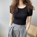 Women Knitted T-shirt Autumn Knitted Short Sleeve Retro Slim T-shirt