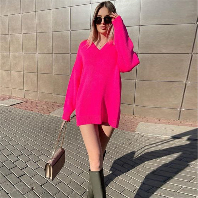 Ladies Leisure Knitwear Autumn and Winter V-neck Casual Loose Knitted Pullover Long Sweater Dress Knitwear