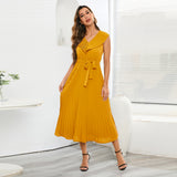 Women Date Dress Chiffon Pleated Dress Slim Fit Elegant Solid Color V-neck Dress