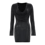 Women Dresse Bright Black Short Dress Long Sleeve Dress Dress