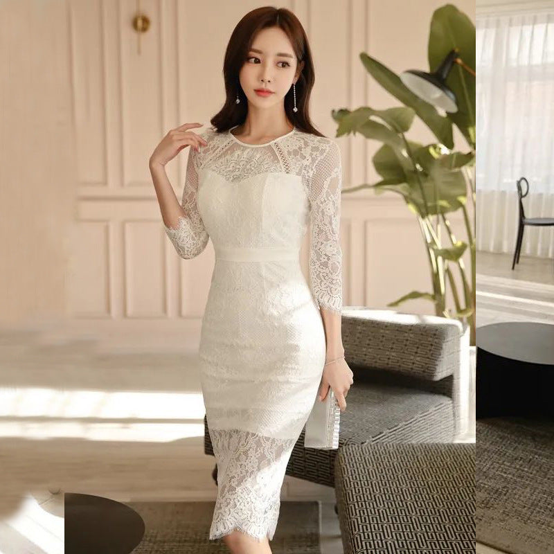 Women Maxi Dress Spring Sexy Backless Lace 3/4 Sleeve Dress