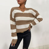 Women Knitted Sweater Autumn and Winter Leisure Top Thin Long Sleeve Striped Sweater