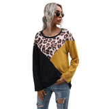Women Knitted Sweater Leopard Splicing round Neck Loose Long Sleeves Mid-Length Sweater