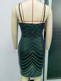Women Evening Gown Sexy Sling Retro Patchwork Green Sequins Dress