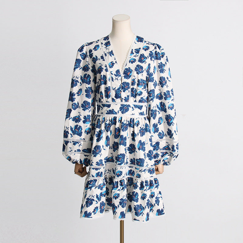 Women Dresses Spring V-neck Lantern Sleeve Dress Floral Skirt (Qymy0409)