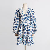 Women Dresses Spring V-neck Lantern Sleeve Dress Floral Skirt (Qymy0409)