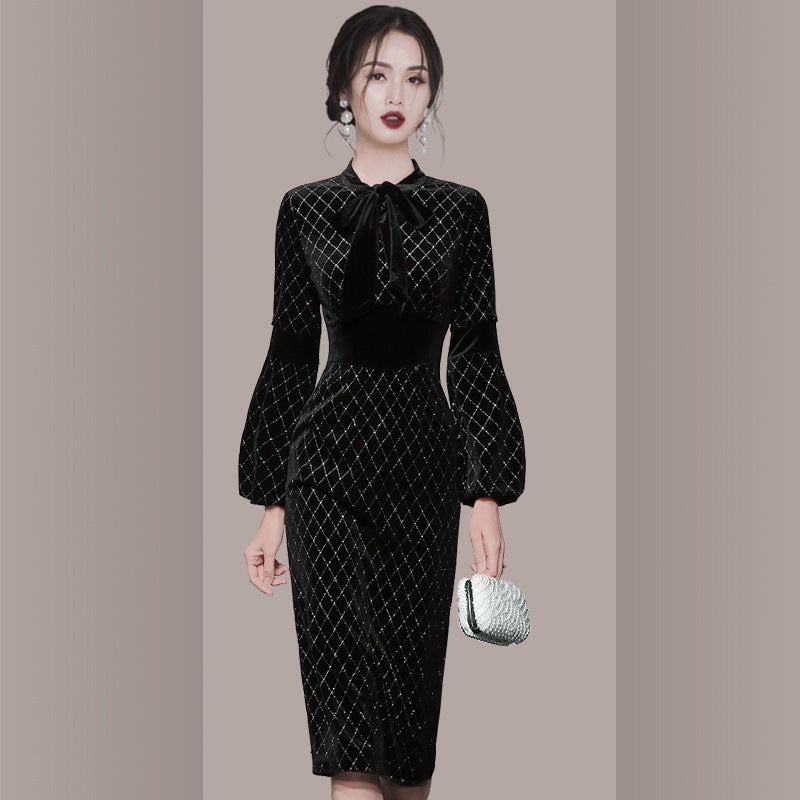 Women Maxi Dress Spring and Autumn Gold Velvet Dress Dress