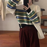 Women Knitwear Spring and Autumn Stripes round Neck Sweater Loose Cropped Sweater